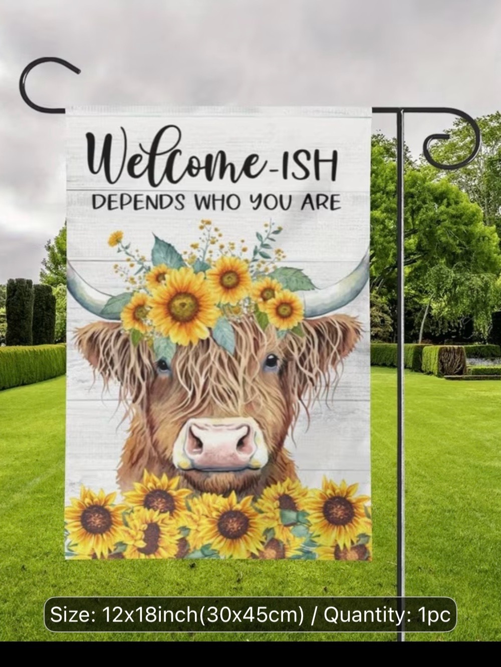 Welcome-ish Sunflower Cow Garden Flag - White and Yellow Home Wall Decor